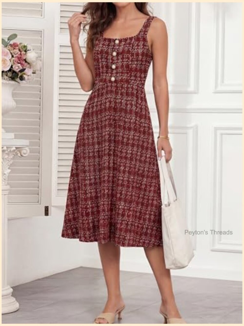 Sleeveless Midi Gingham Dress Square Neck A-Line Flowy Cottagecore - Picture 3 of 7